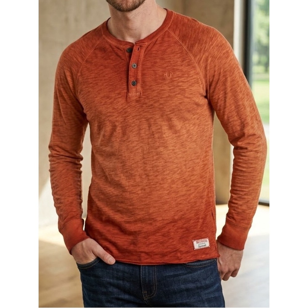 True Religion Rust Orange Y2K Slub Henley Shirt XL McBling Western Grunge Cyber